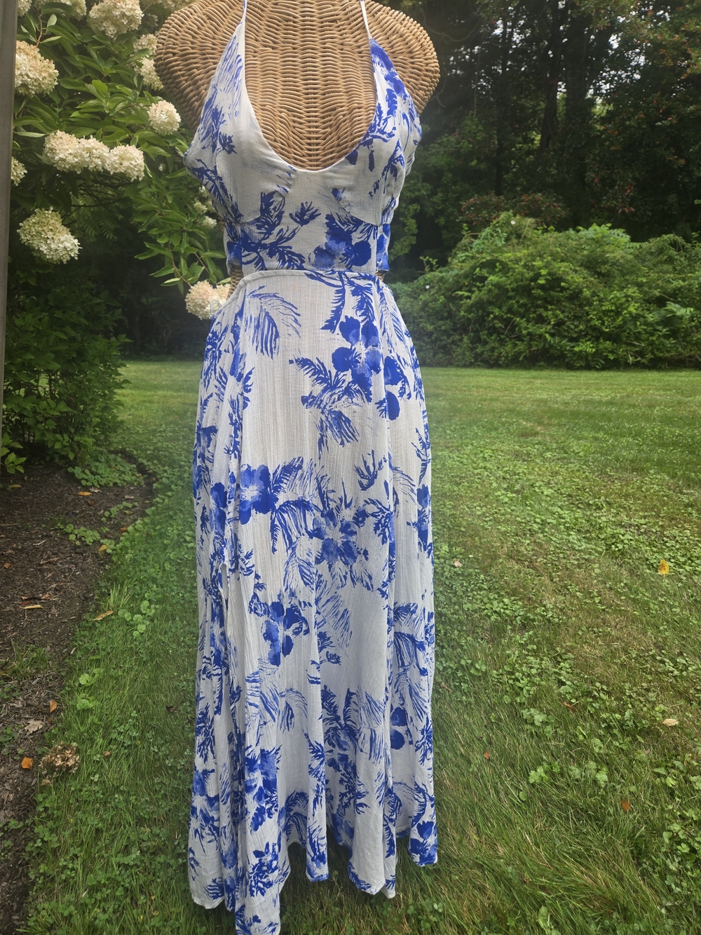 Free People White Maxi Dress with Blue Floral Print